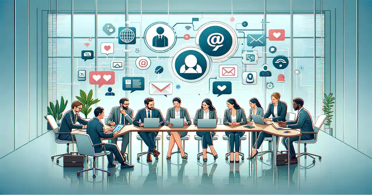 Diverse group of professionals actively discussing in a modern office setting with laptops, smartphones, and social media icons visible.