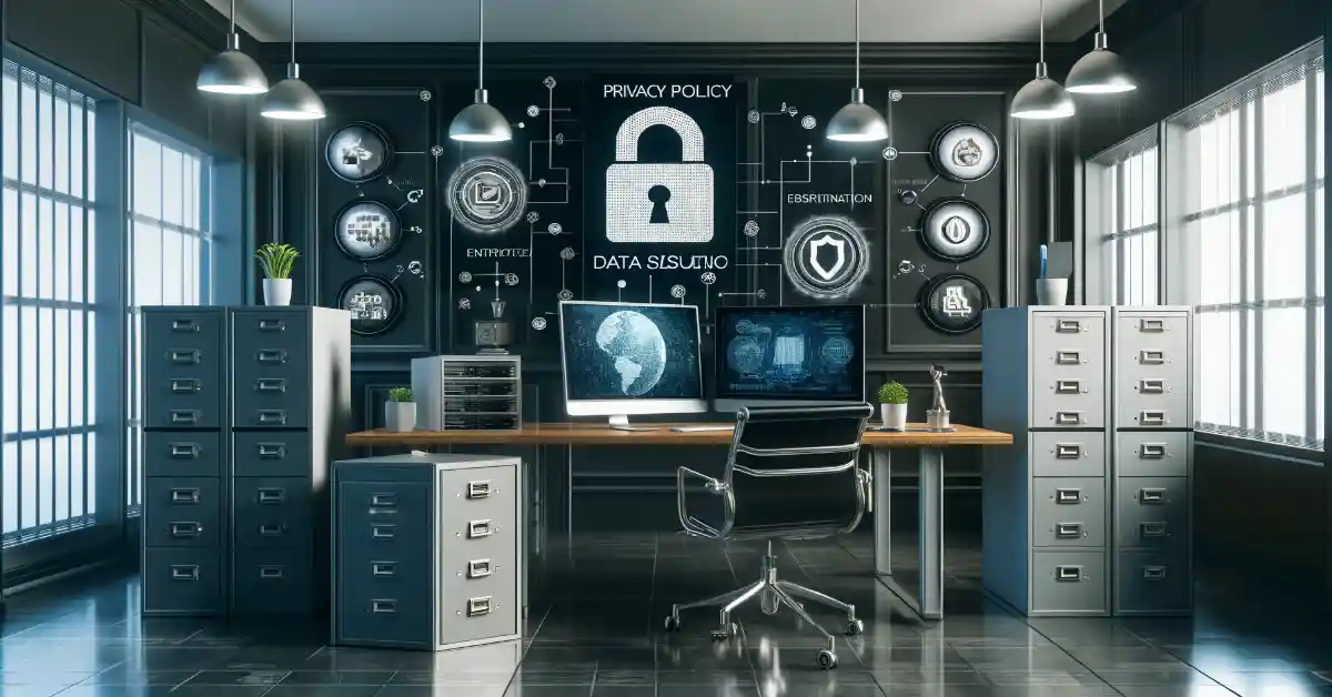 Secure office environment with high-tech computers, encrypted data on screens, and locked file cabinets emphasizing data protection.